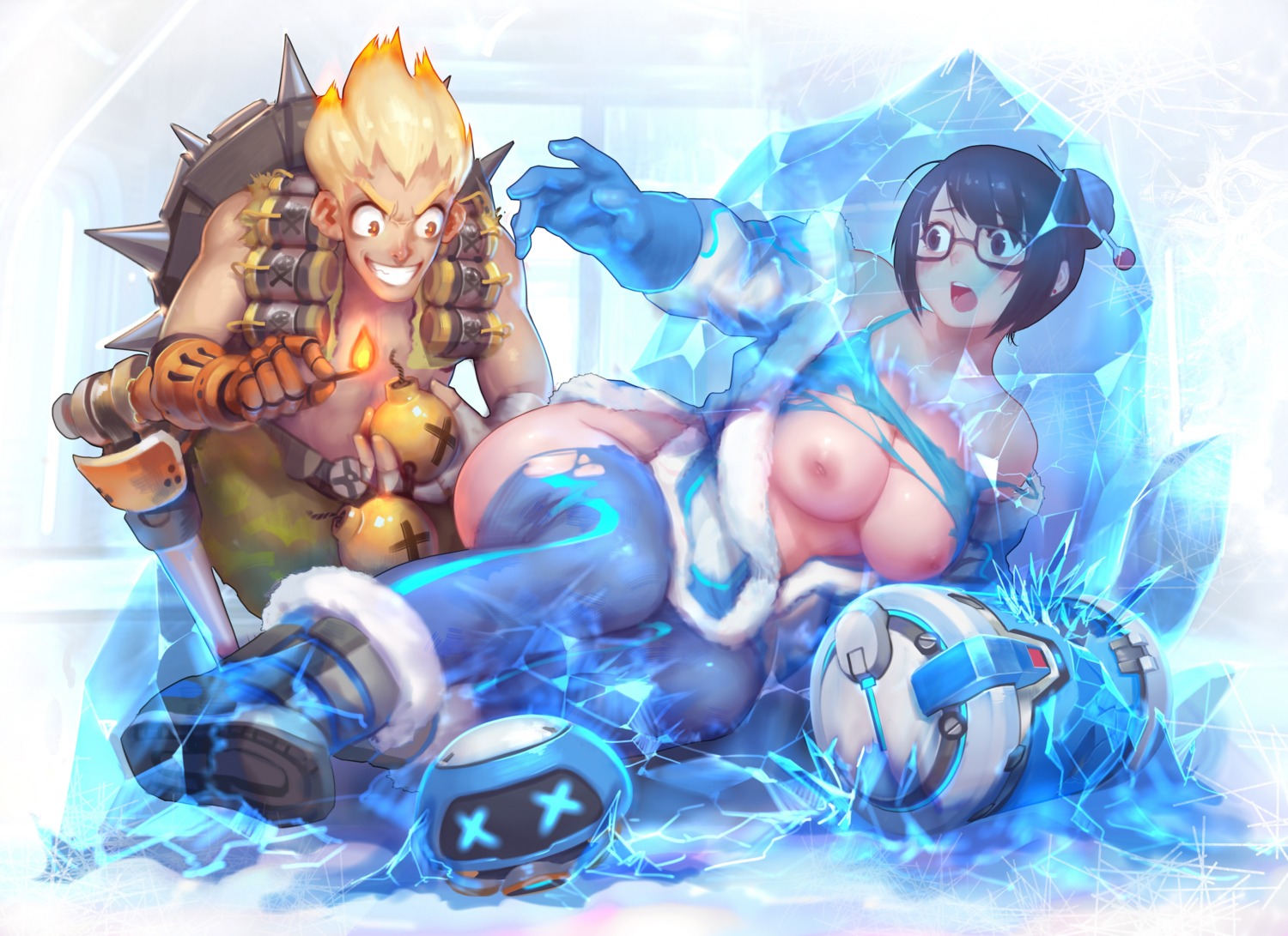 ass breasts gorgeous_mushroom junkrat mecha mei_(overwatch) nipples no_bra nopan open_shirt overwatch snowball_(overwatch) torn_clothes weapon