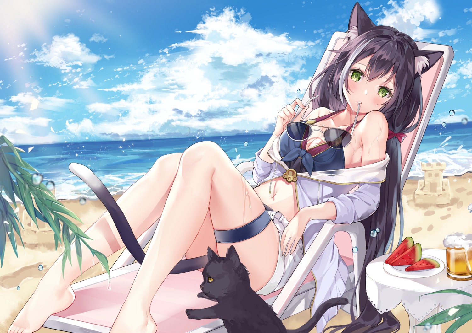 animal_ears bikini cleavage garter hum_(ten_ten) karyl_(princess_connect) megane neko nekomimi open_shirt princess_connect princess_connect!_re:dive swimsuits tail