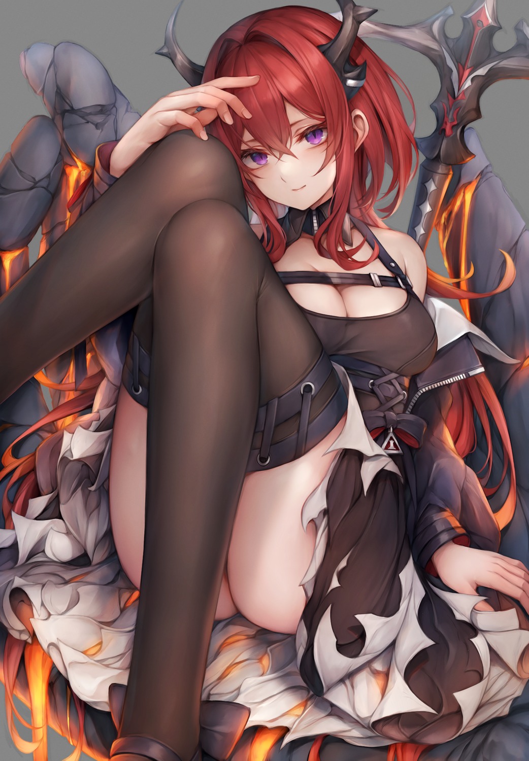 arknights cleavage garter horns skirt_lift snm_(sunimi) surtr_(arknights) sword thighhighs torn_clothes transparent_png