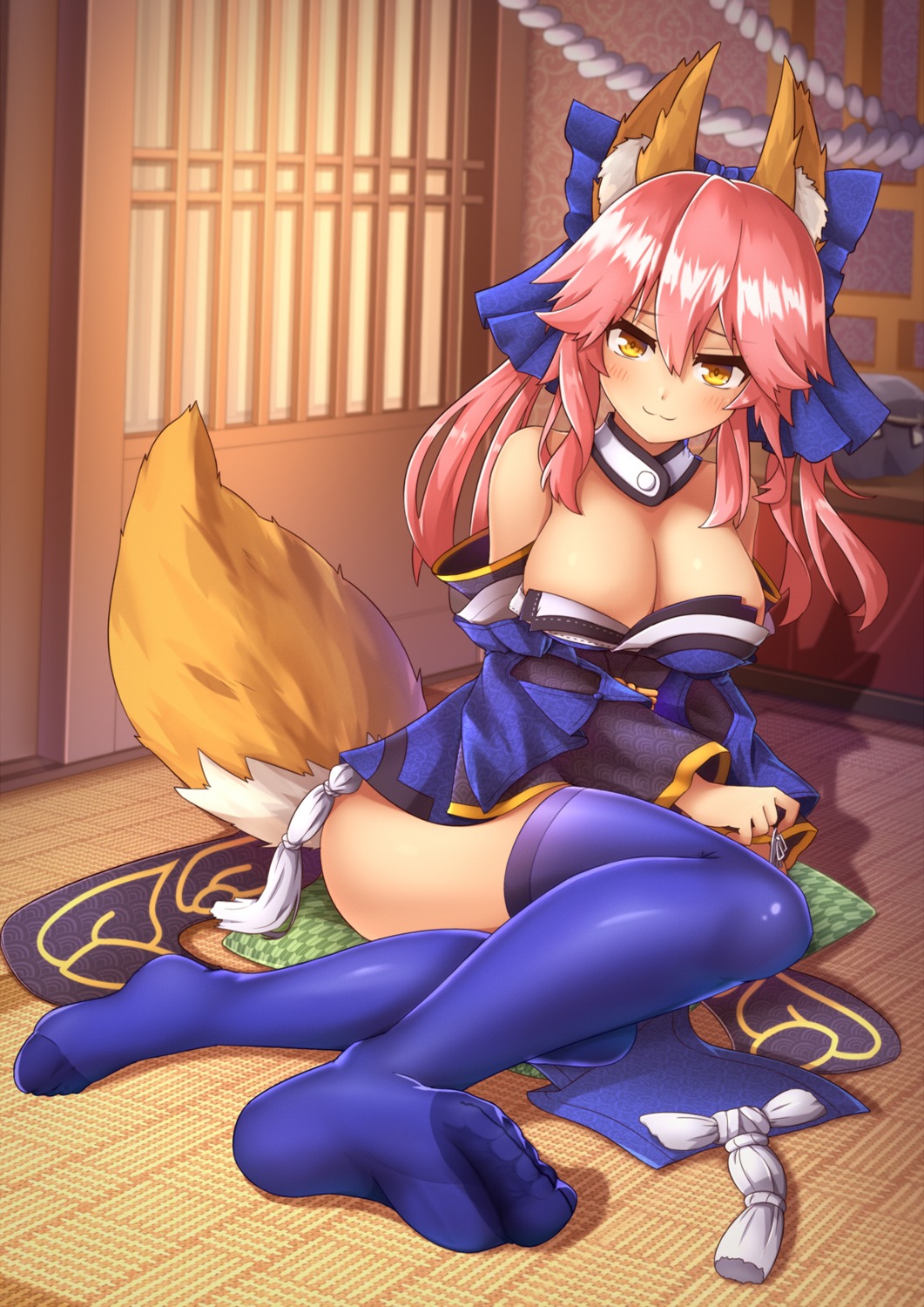 animal_ears cleavage fate/extra fate/grand_order fate/stay_night feet japanese_clothes kaiyi kitsune tail tamamo_no_mae thighhighs