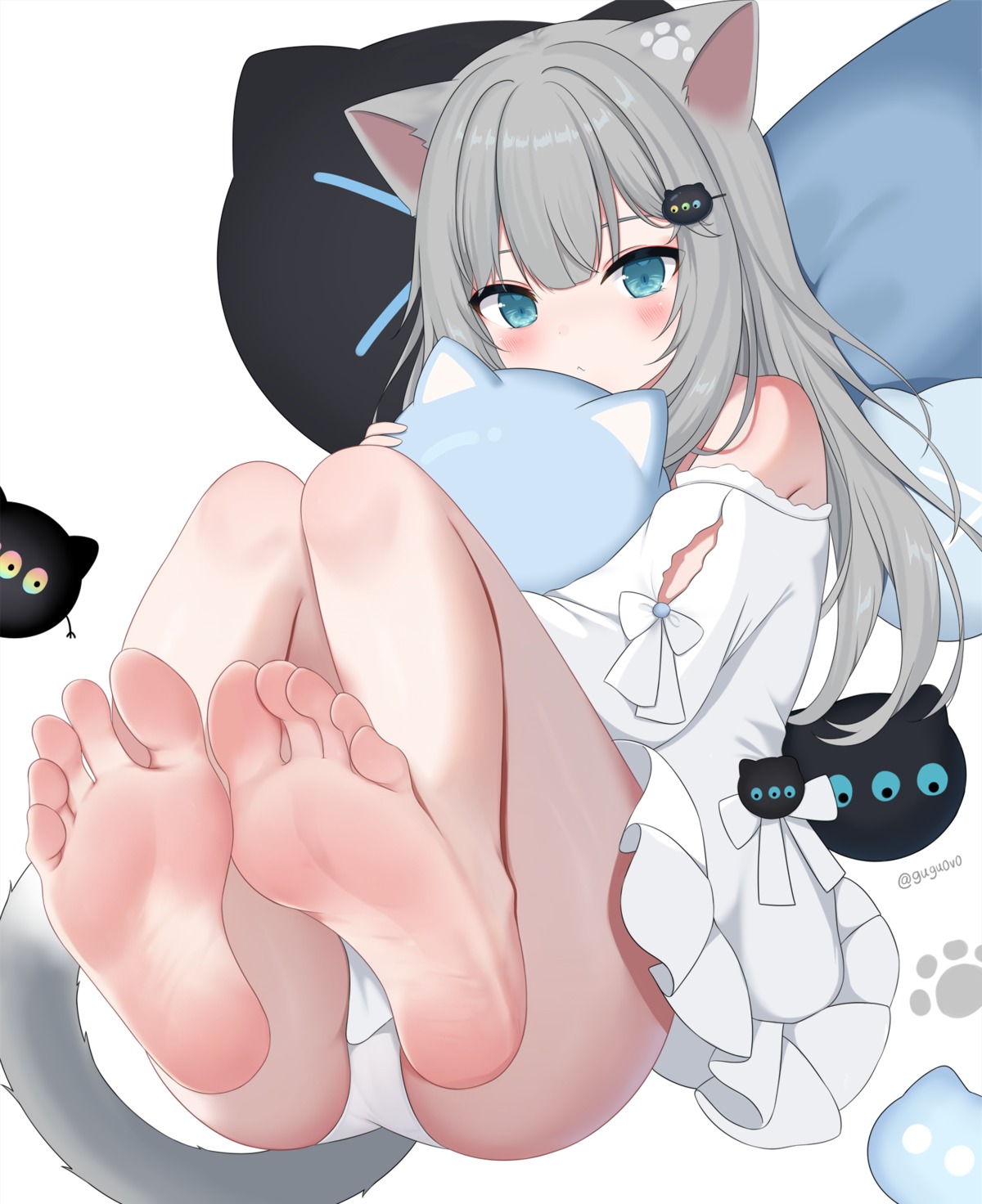 animal_ears dress feet gugu0v0 nacho_(amashiro_natsuki) nekomimi pantsu skirt_lift tail thong