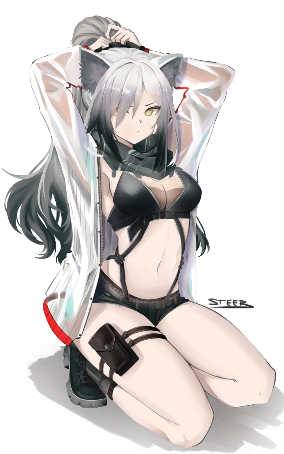 animal_ears arknights garter open_shirt schwarz_(arknights) see_through steeb