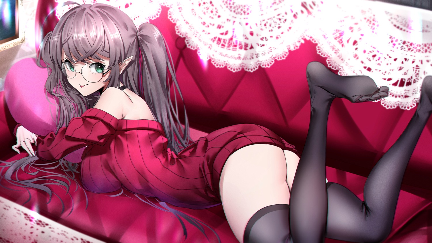 azarashi_(azrsot) dress feet megane no_bra nopan pointy_ears sweater thighhighs