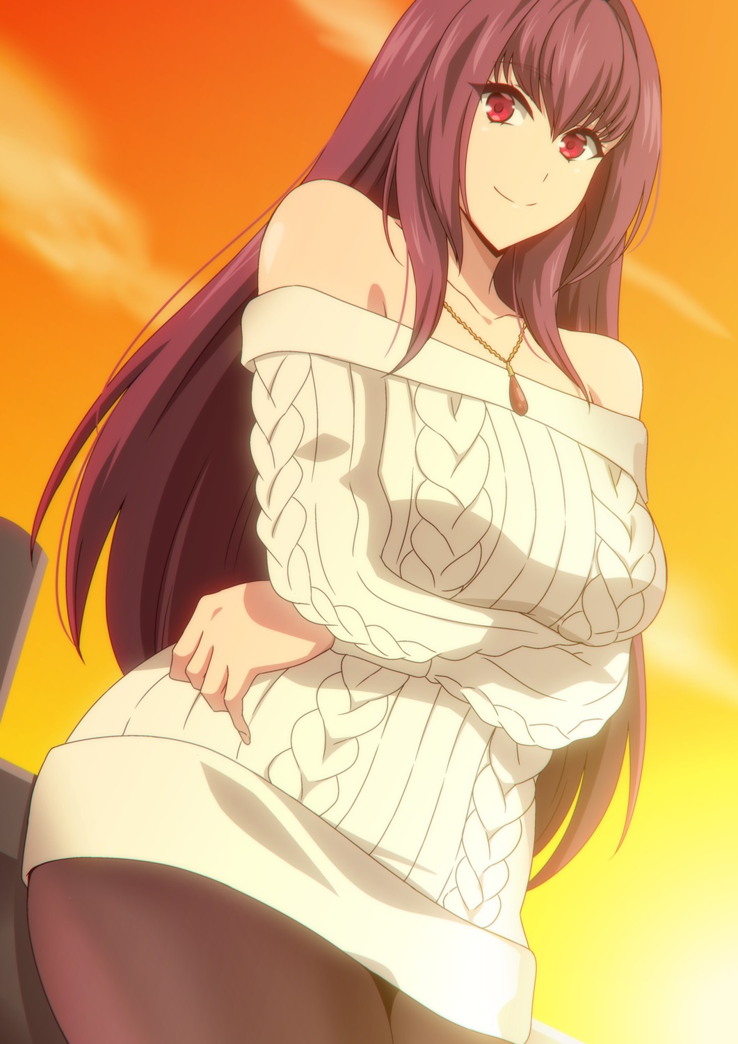 dress fate/grand_order harahera no_bra pantyhose scathach_(fate/grand_order) sweater