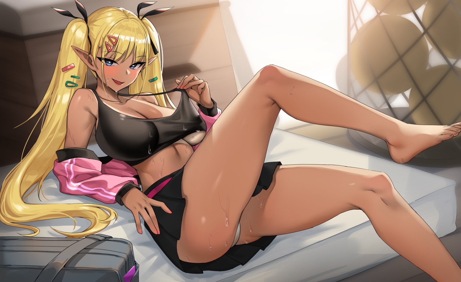 bra open_shirt pantsu picter pointy_ears skirt_lift tan_lines thong undressing