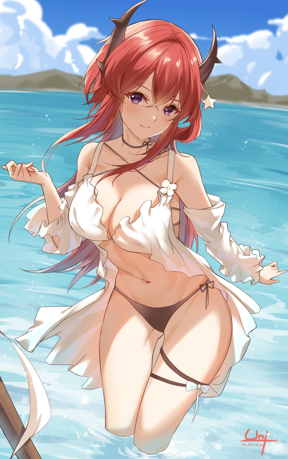 arknights bikini garter horns surtr_(arknights) swimsuits unique_(pixiv12704744) wet