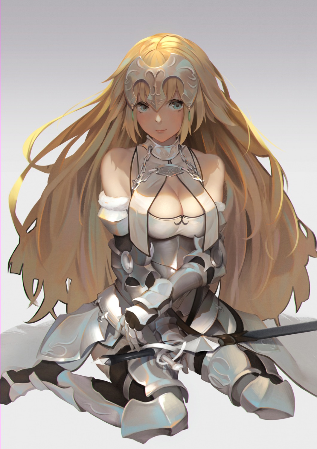 armor cleavage fate/apocrypha fate/stay_night jeanne_d'arc jeanne_d'arc_(fate) sword thighhighs toriumi_harumi