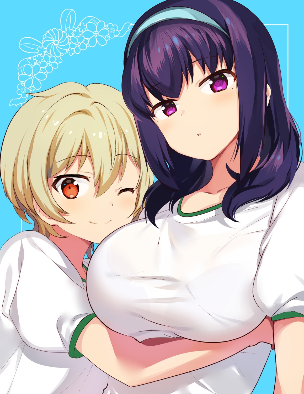 breast_hold gym_uniform harumi_hana ichihara_chiaki konbu_wakame sekai_de_ichiban_oppai_ga_suki! yuri