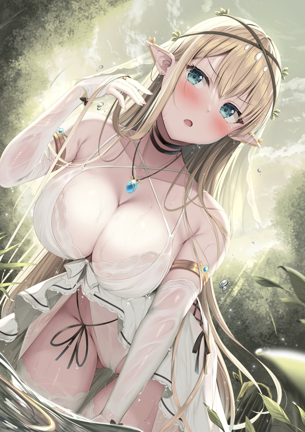 cameltoe leotard no_bra pointy_ears see_through thighhighs tomoo wet wet_clothes