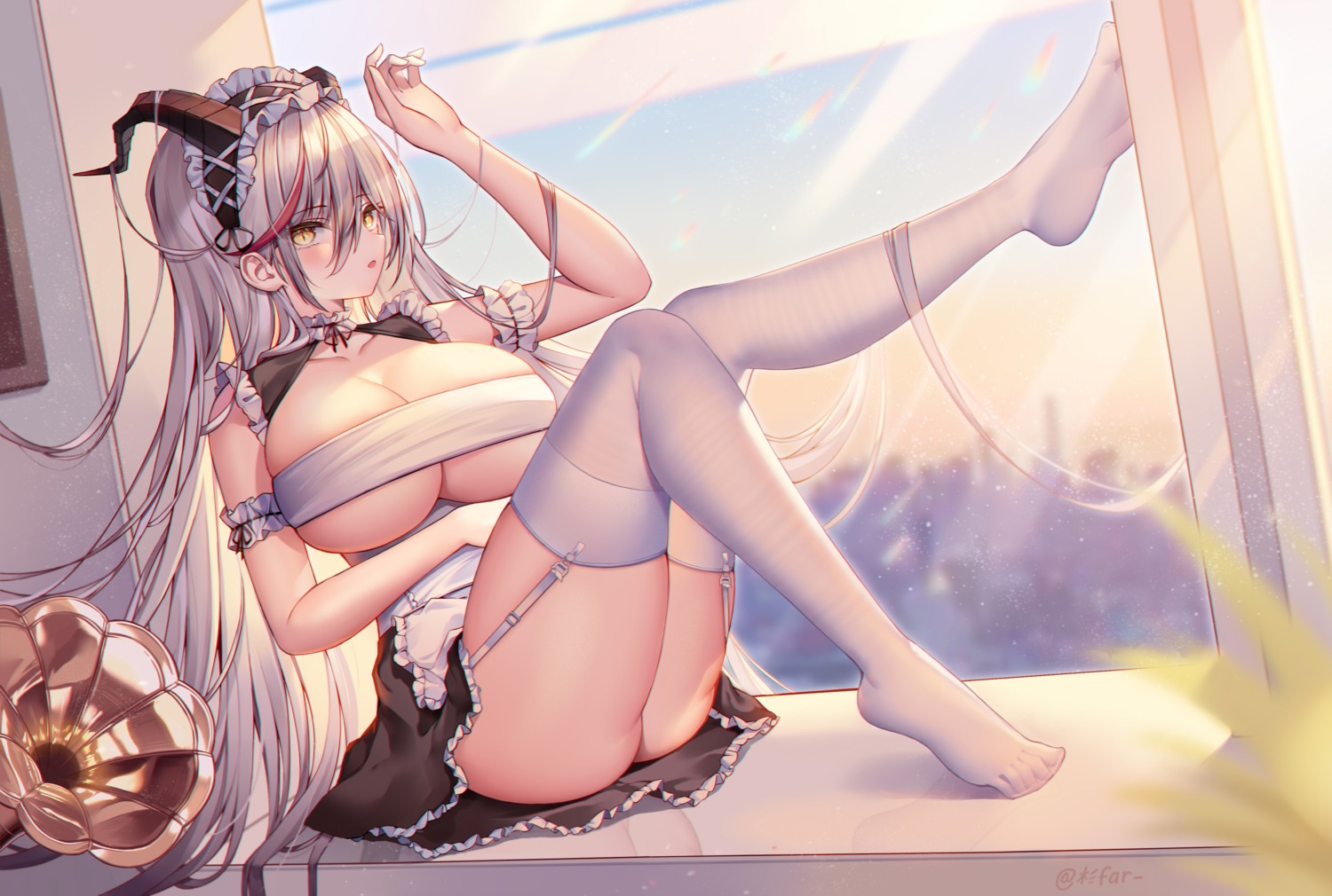 aegir_(azur_lane) azur_lane feet horns maid no_bra nopan shan_far skirt_lift stockings thighhighs