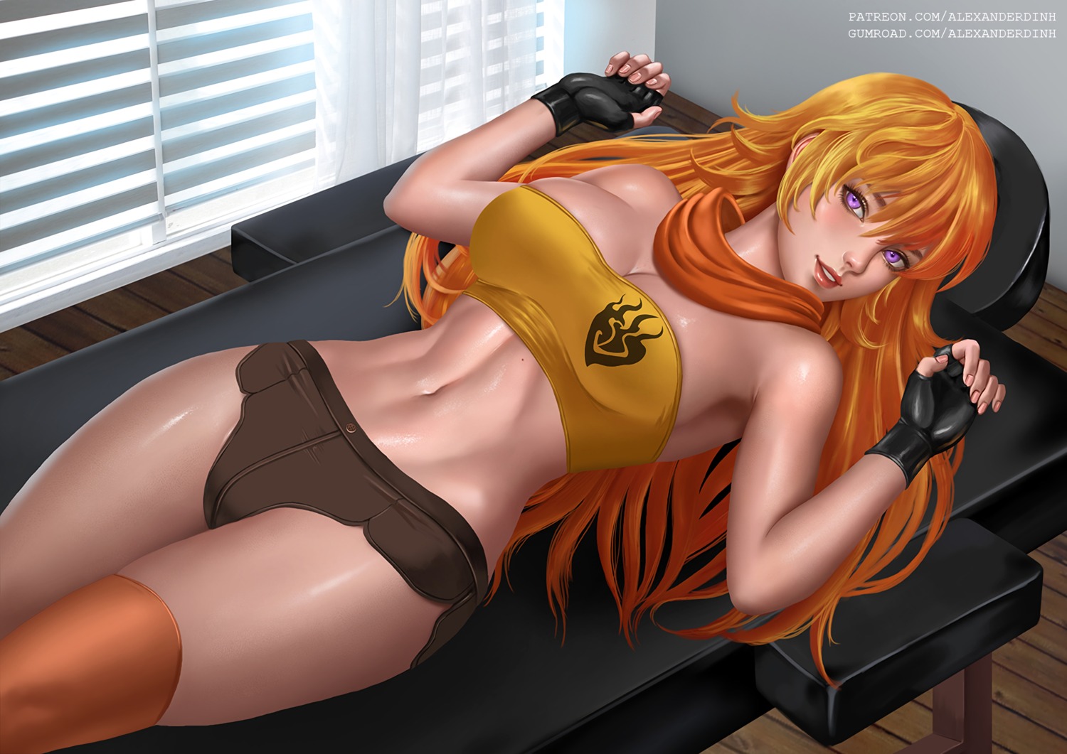 alexanderdinh no_bra official_watermark rwby thighhighs yang_xiao_long