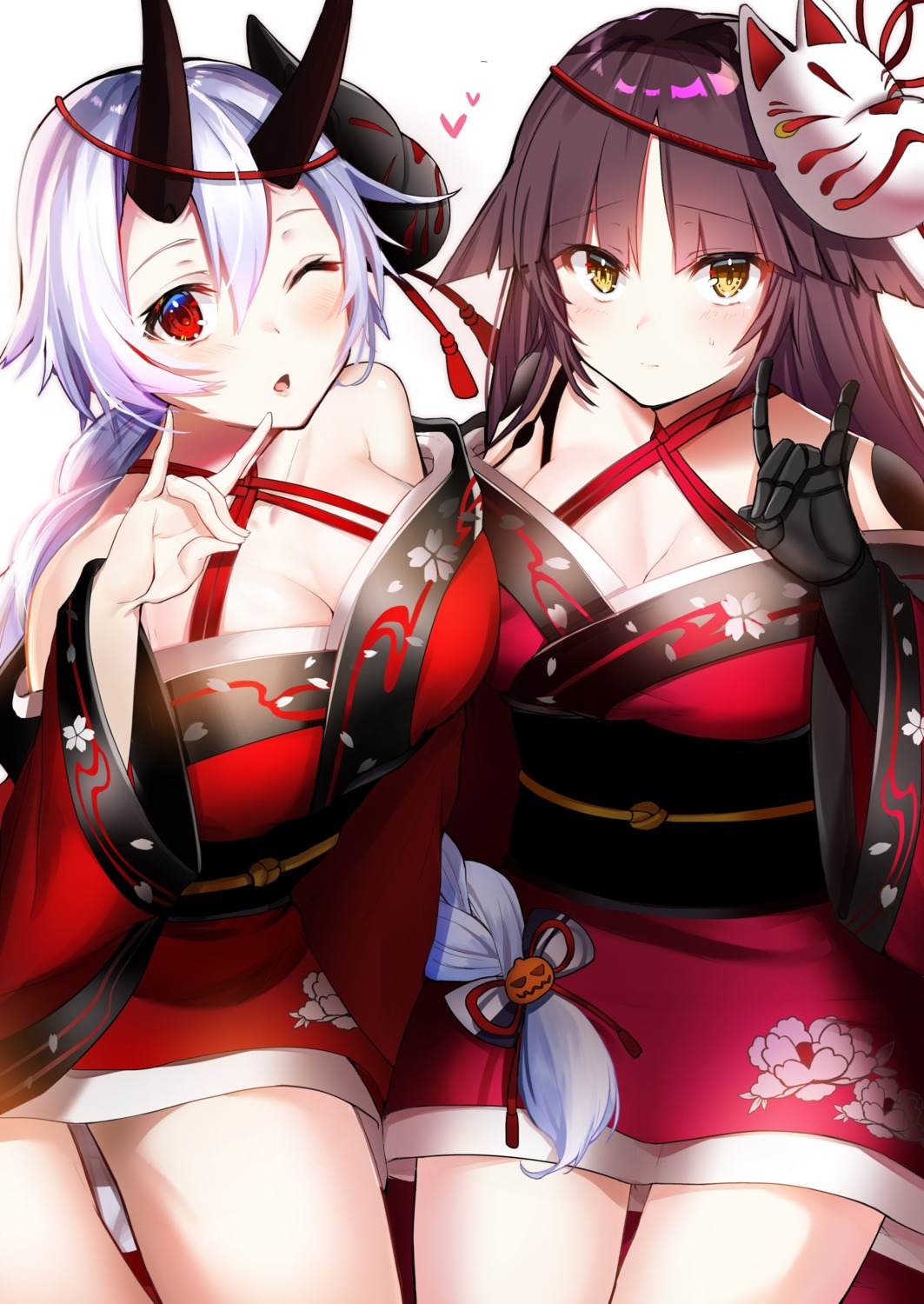 cleavage fate/grand_order felnemo halloween horns japanese_clothes katou_danzou_(fate/grand_order) symmetrical_docking tomoe_gozen_(fate/grand_order)