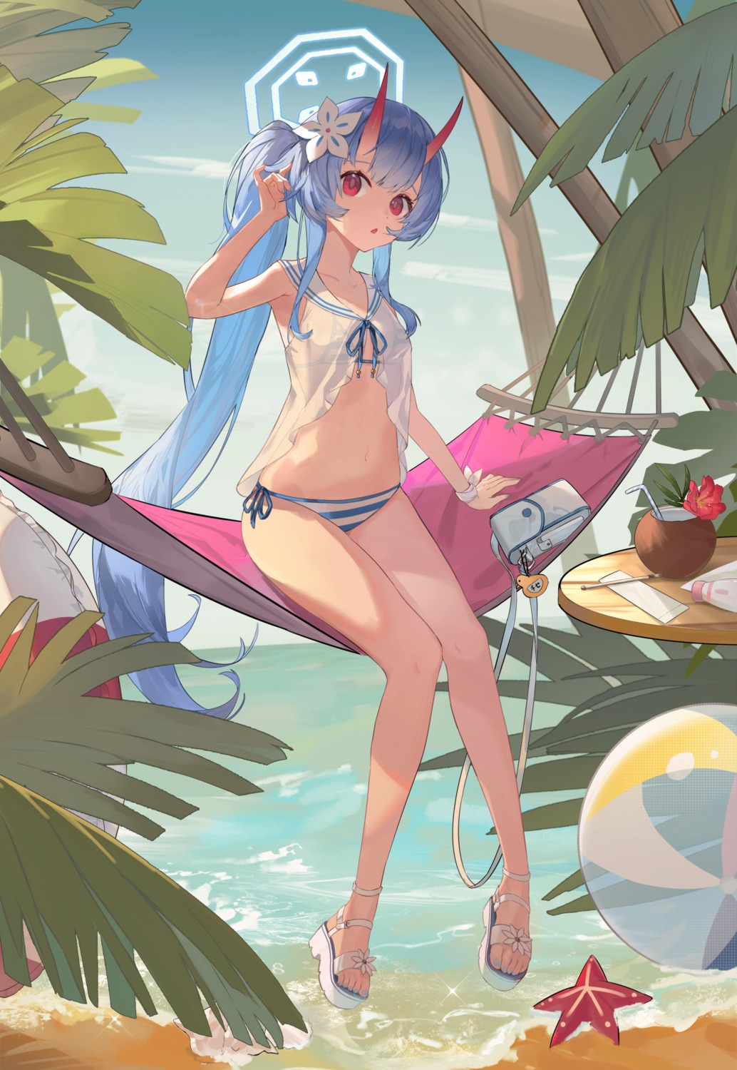 bikini blue_archive halo horns loli see_through super_h2o swimsuits waraku_chise