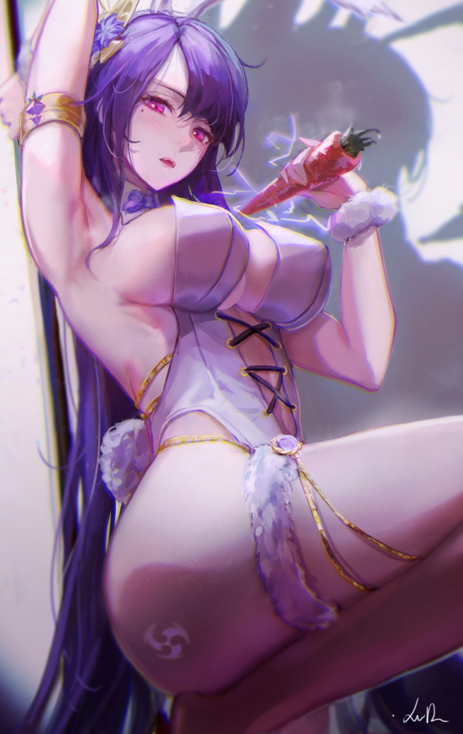 animal_ears bunny_ears bunny_girl erect_nipples garter genshin_impact no_bra raiden_shogun tail tattoo xude