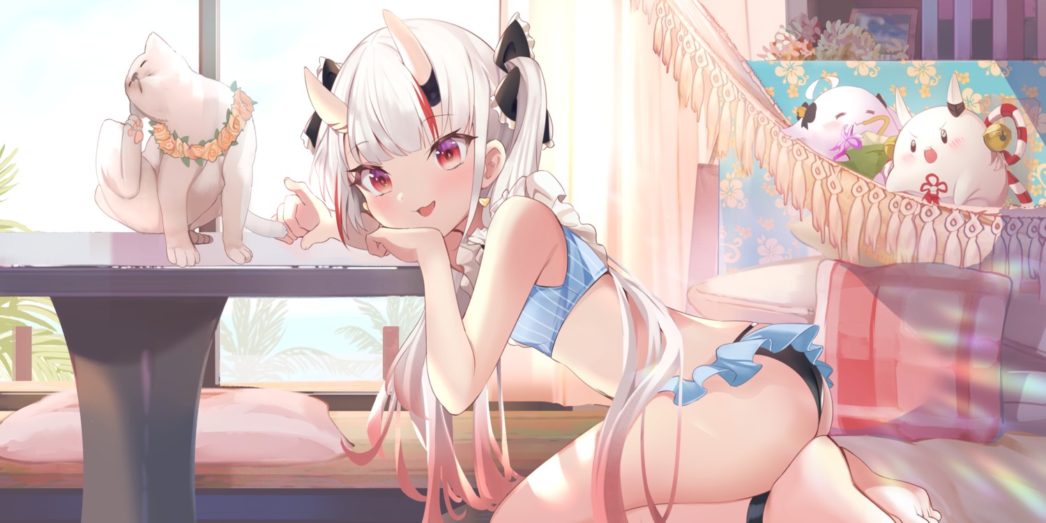 ass bikini hololive horns kananote nakiri_ayame neko swimsuits thong