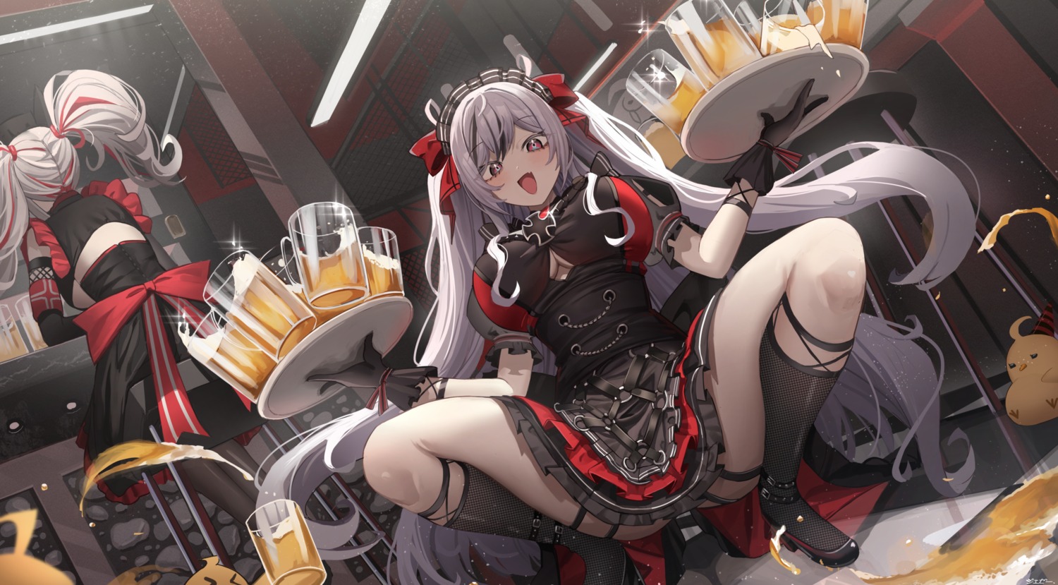 azur_lane elbe_(azur_lane) fishnets garter heels jeze maid manjuu_(azur_lane) prinz_adalbert_(azur_lane) skirt_lift waitress