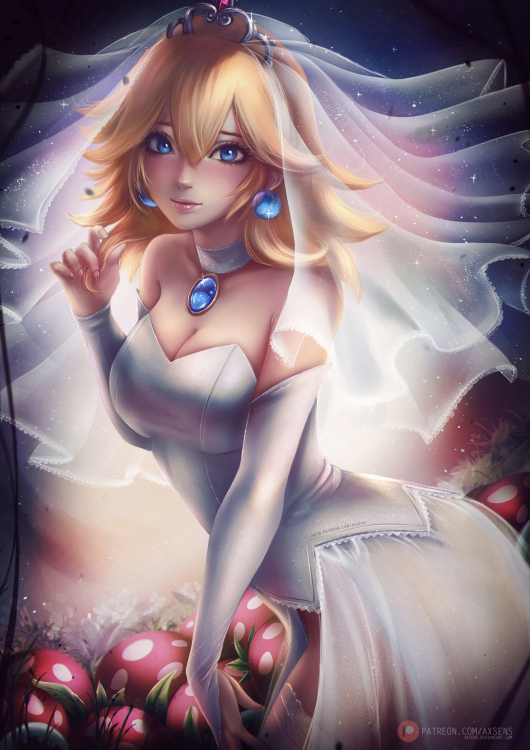 axsens cleavage dress mario_bros. no_bra princess_peach_toadstool thighhighs wedding_dress