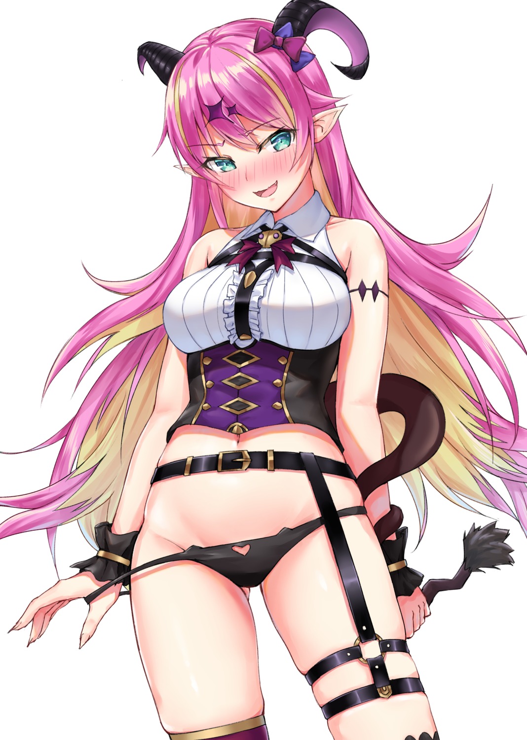 garter hololive horns maki_(pixiv9288678) mano_aloe pantsu panty_pull pointy_ears tail thighhighs undressing