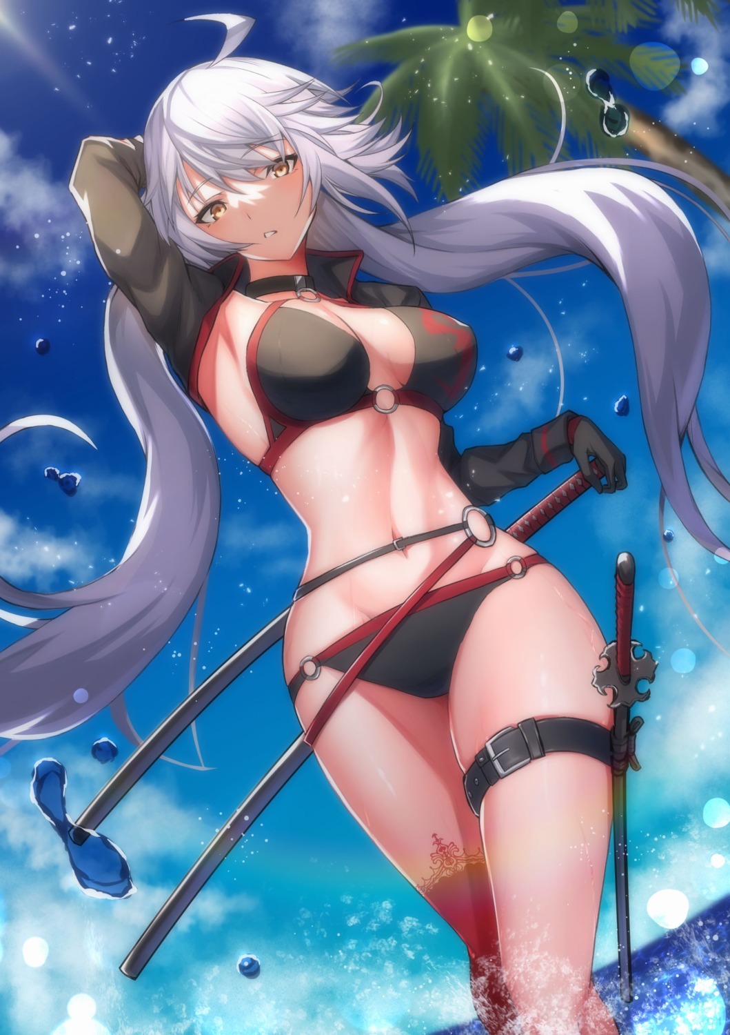 bikini fate/grand_order garter glglpanda jeanne_d'arc jeanne_d'arc_(alter)_(fate) swimsuits sword thighhighs wet