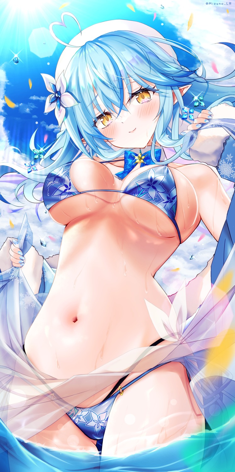 bikini hololive mizuno_kurage pointy_ears see_through skirt_lift swimsuits wet yukihana_lamy