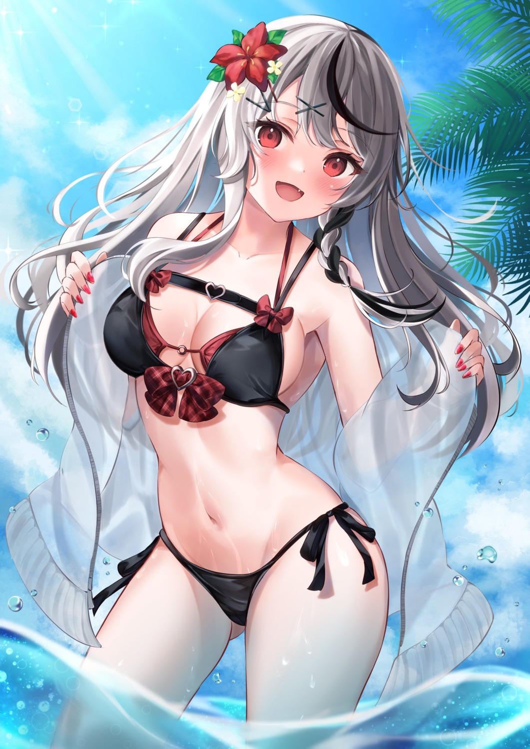 bikini hololive ibuki_sho open_shirt sakamata_chloe swimsuits undressing wet