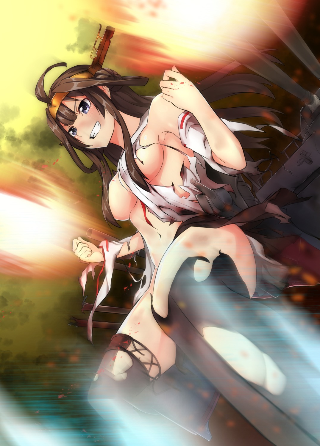 breasts kantai_collection kongou_(kancolle) no_bra nopan thighhighs torn_clothes yuuki_(nijiiro_palette)