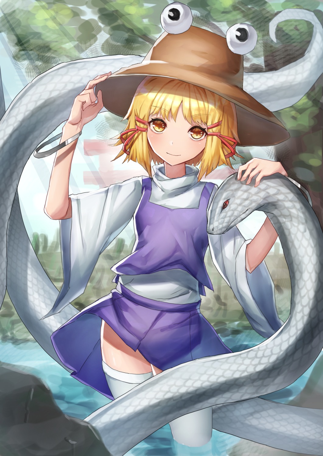 humansequencer mishaguji moriya_suwako skirt_lift thighhighs touhou wet