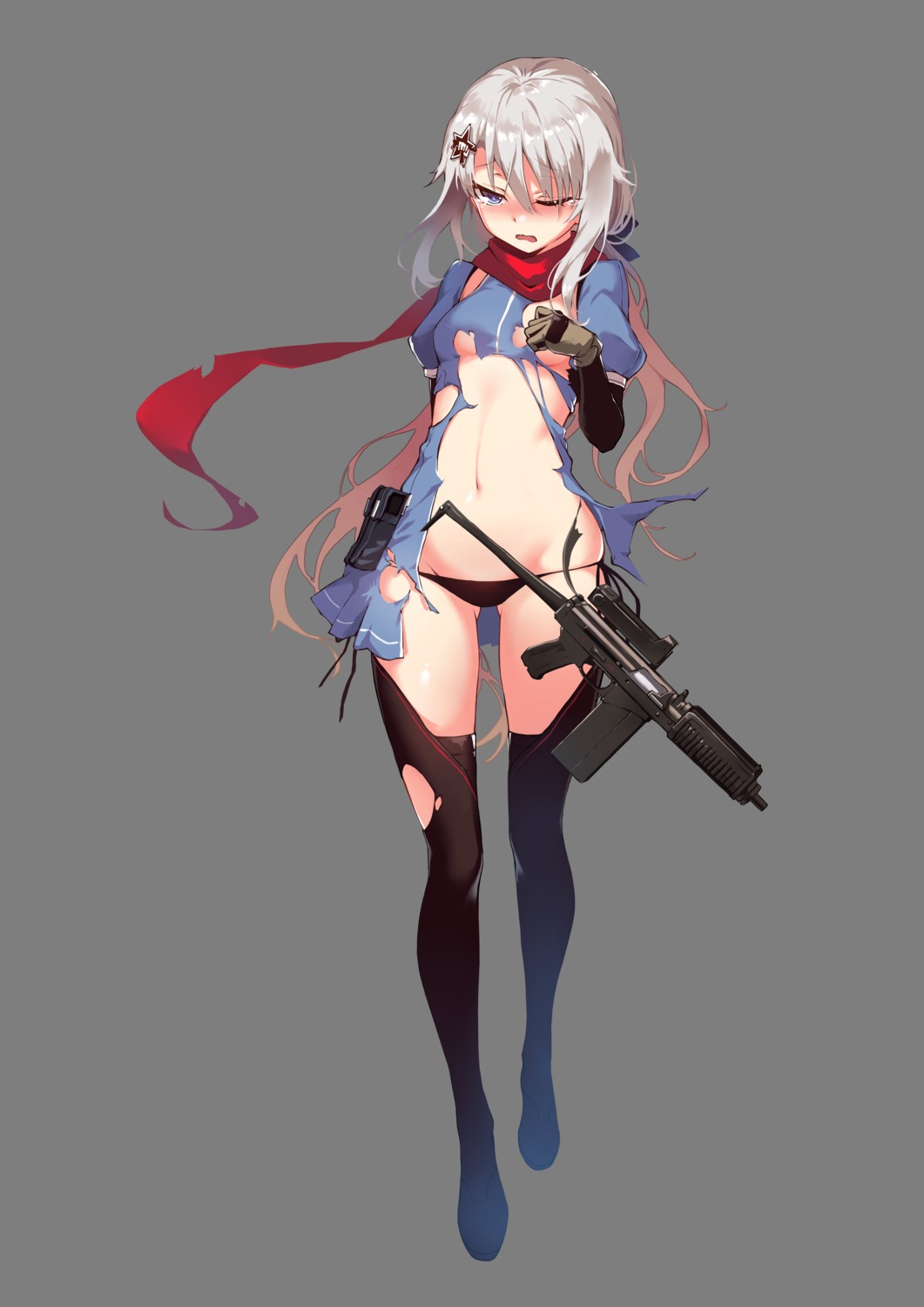 9a-91_(girls_frontline) breasts fangdan_runiu girls_frontline gun no_bra pantsu string_panties thighhighs torn_clothes transparent_png