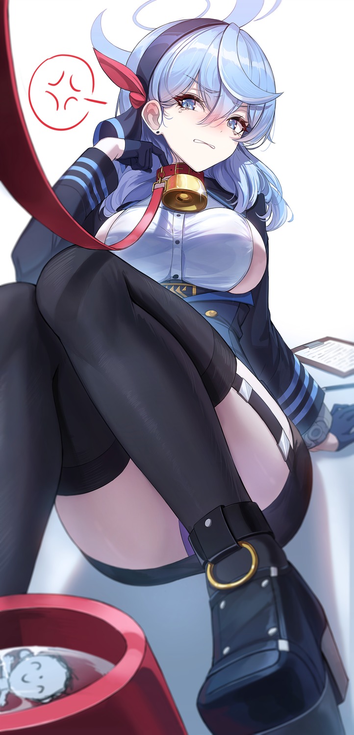 amau_ako blue_archive bondage halo heels k0a no_bra pantsu skirt_lift stockings thighhighs uniform