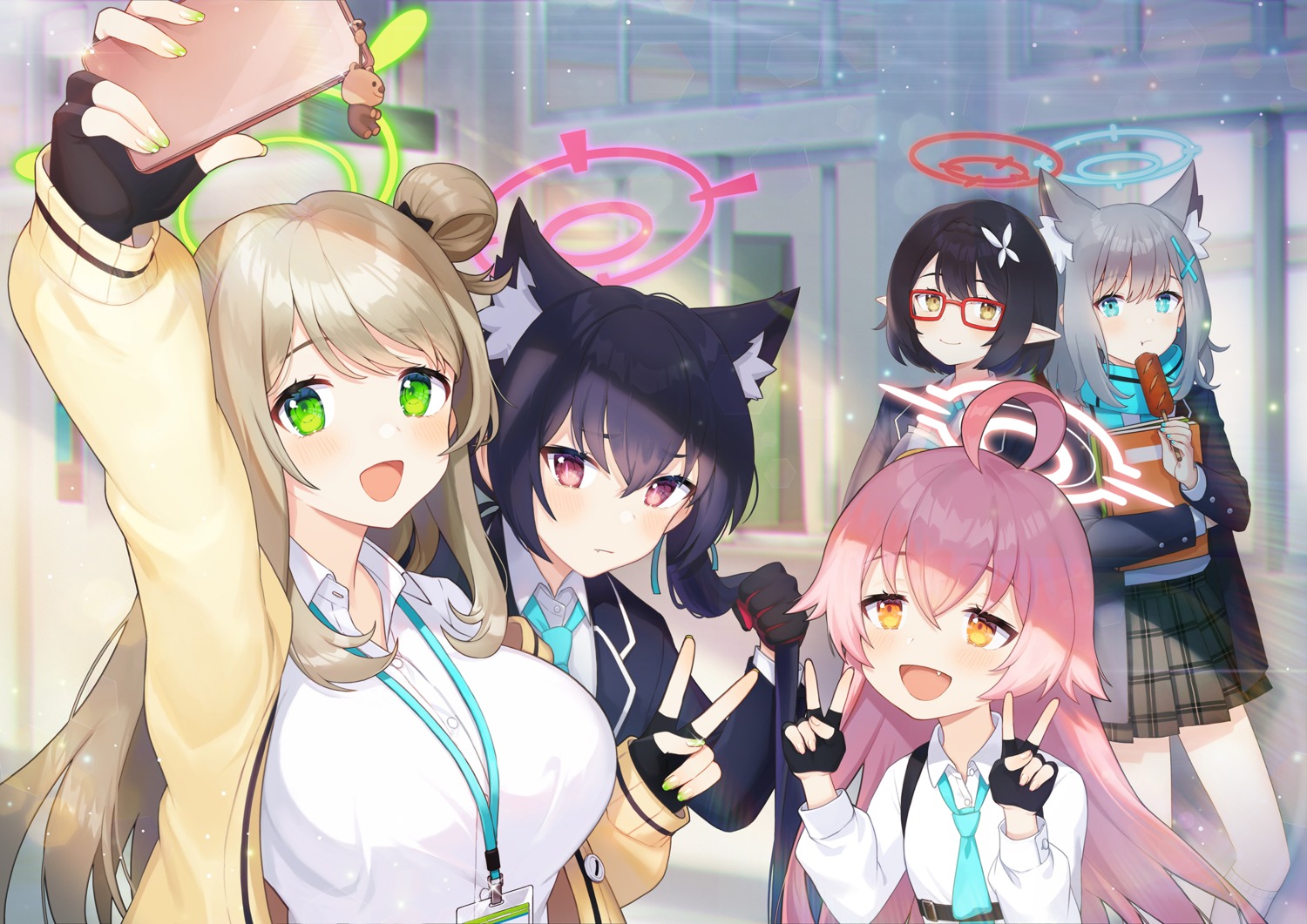 animal_ears blue_archive halo izayoi_nonomi kuromi_serika megane nekomimi noixen okusora_ayane pointy_ears seifuku selfie sunaookami_shiroko sweater takanashi_hoshino