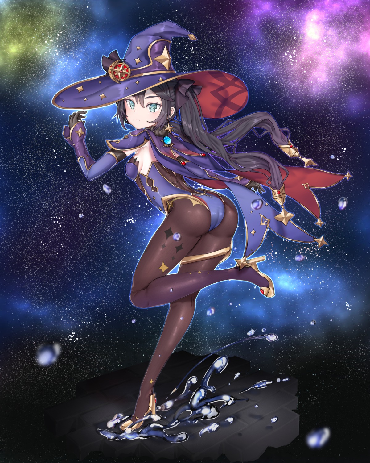 ass garter genshin_impact heels leotard mona_megistus pantyhose shinka_(user_rcem8835) witch