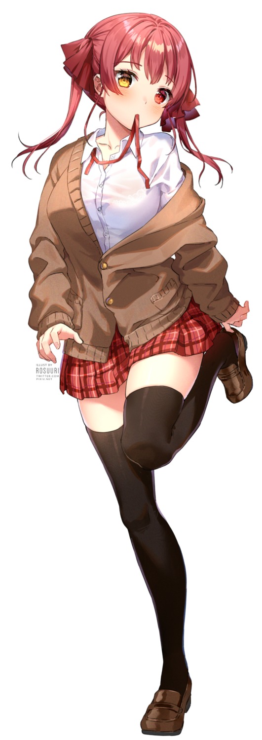 bra heterochromia hololive houshou_marine rosuuri see_through seifuku sweater thighhighs