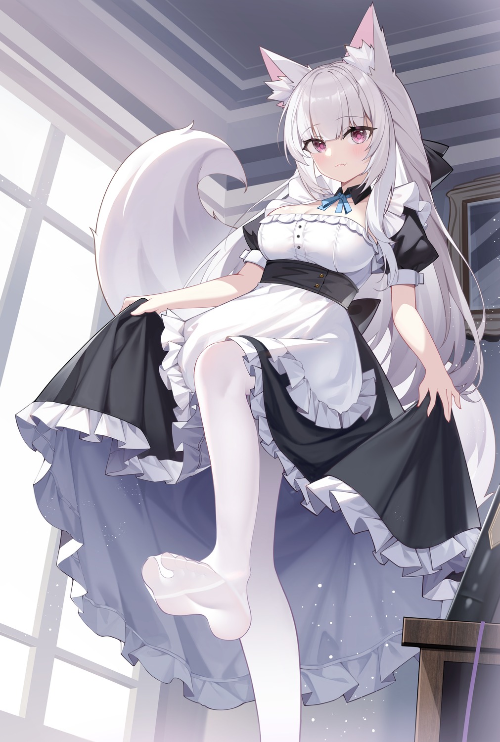 animal_ears cleavage feet maid no_bra pantyhose skirt_lift tail yesheeng_de_ling_che_zi