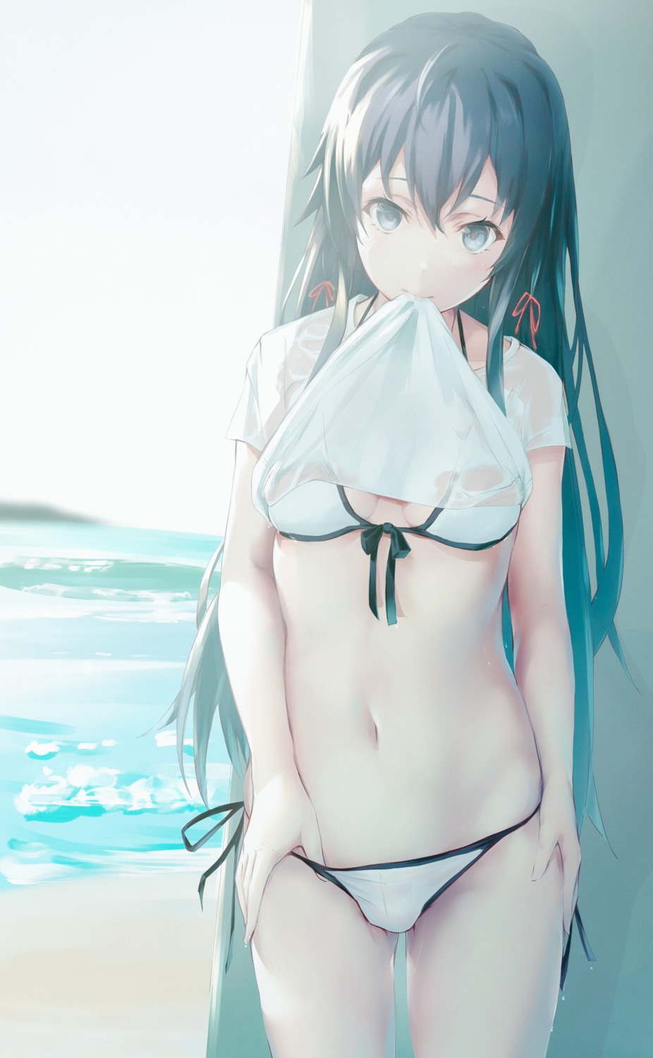 aotsuki_kaoru bikini panty_pull see_through shirt_lift swimsuits undressing wet wet_clothes yahari_ore_no_seishun_lovecome_wa_machigatteiru. yukinoshita_yukino