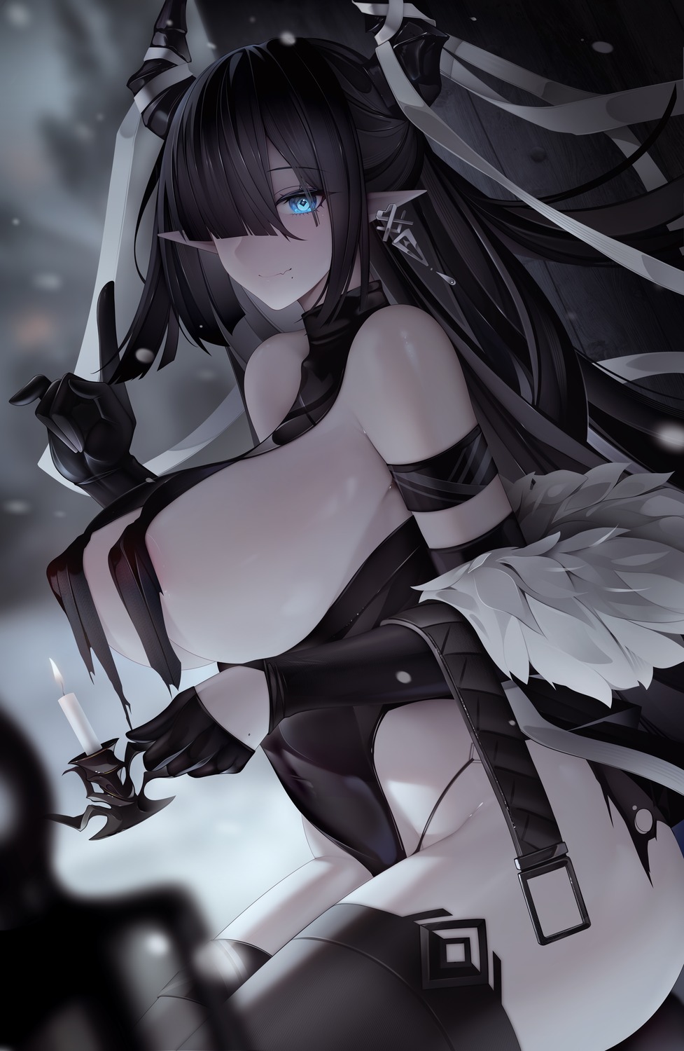 arknights erect_nipples horns no_bra pointy_ears thighhighs torn_clothes zhixue