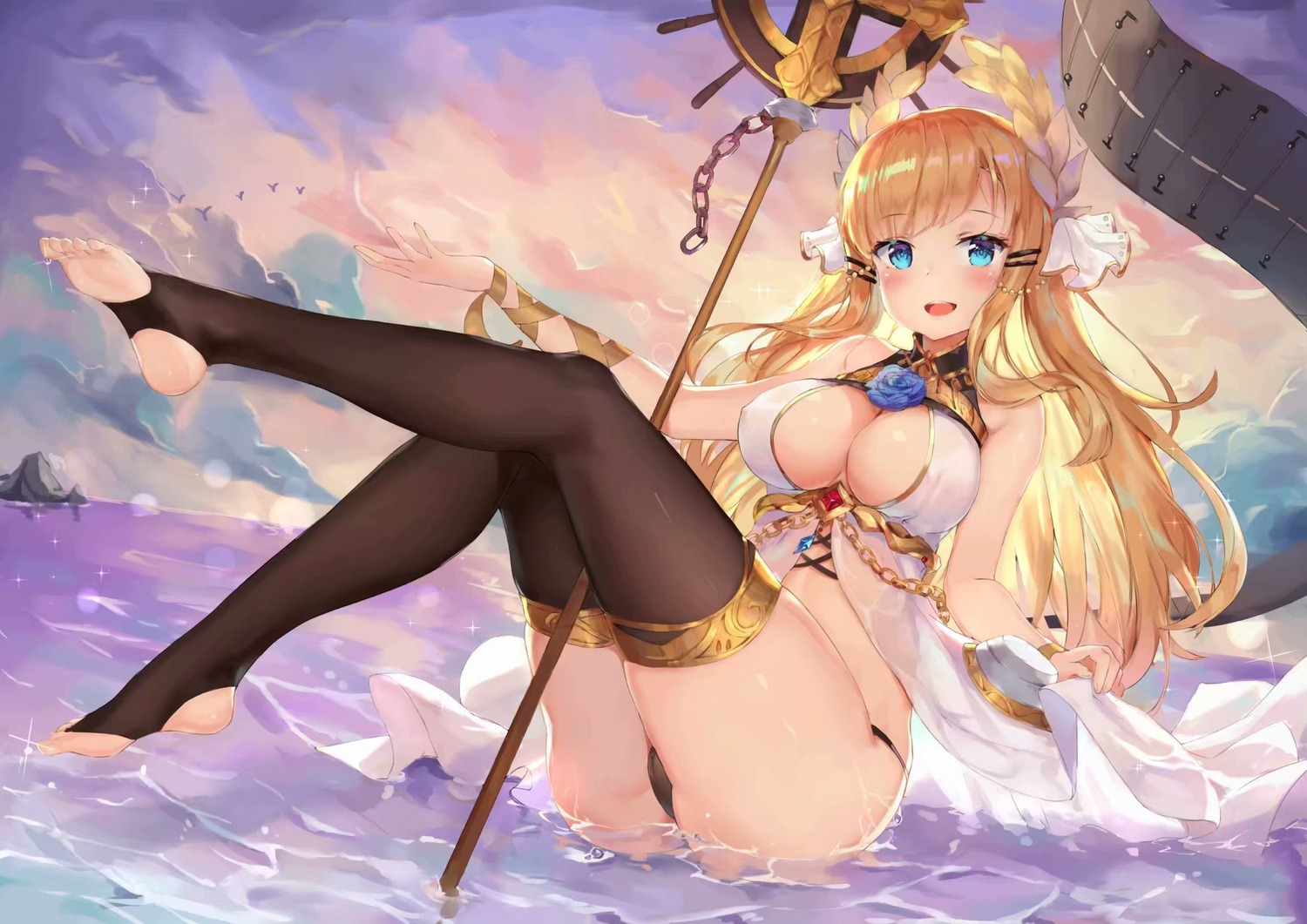 azur_lane cameltoe cleavage feet loran no_bra pantsu see_through skirt_lift thighhighs thong victorious_(azur_lane) weapon wet