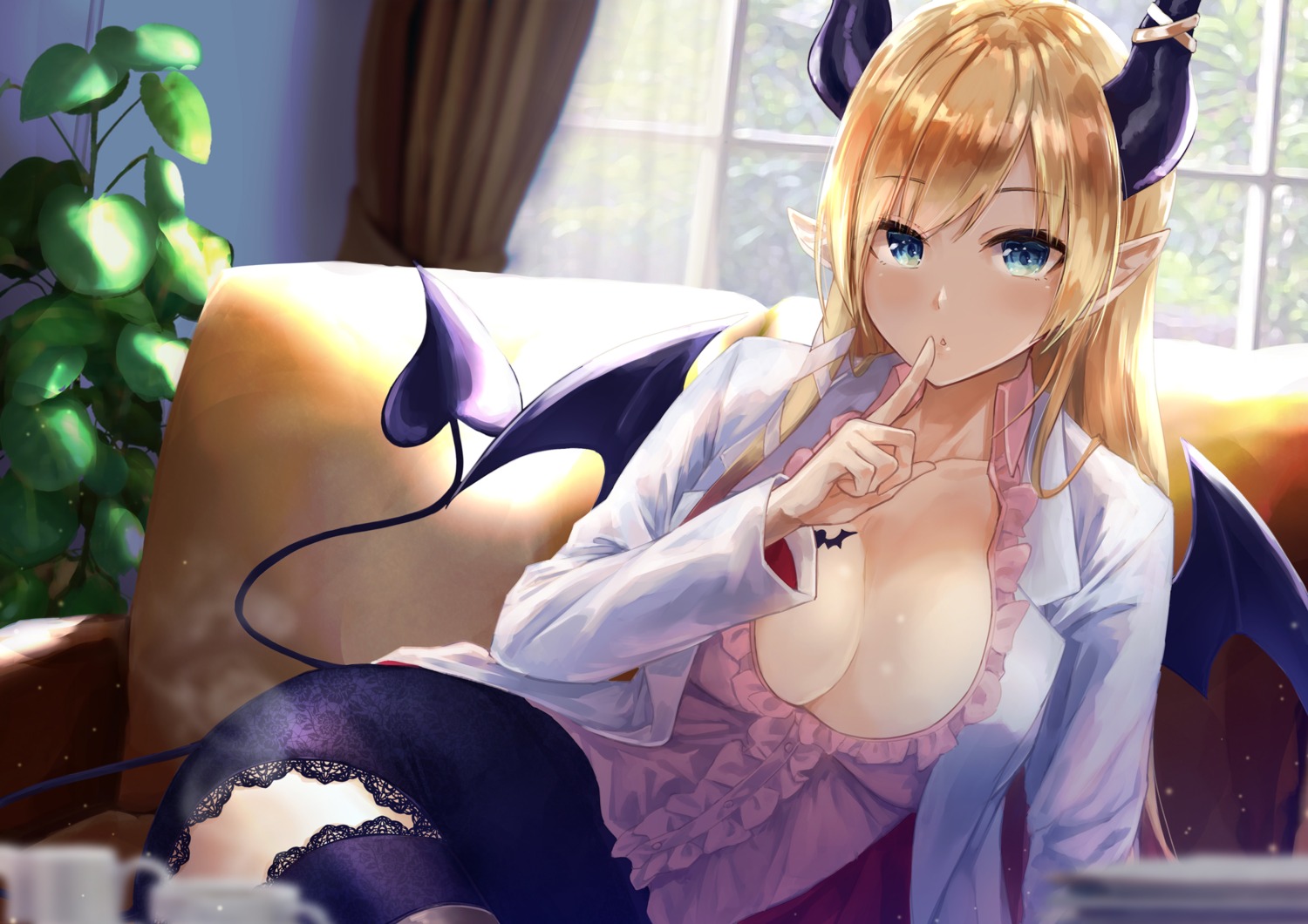 cleavage hololive horns konkito no_bra open_shirt pointy_ears tail thighhighs wings yuzuki_choco
