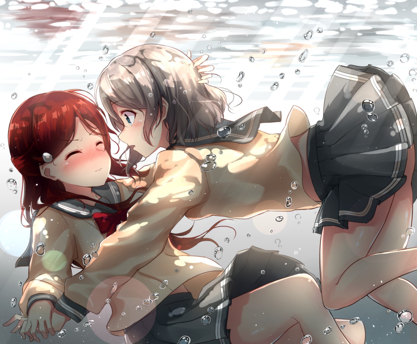 love_live!_sunshine!! sakurauchi_riko seifuku skirt_lift sonoko_neko watanabe_you yuri