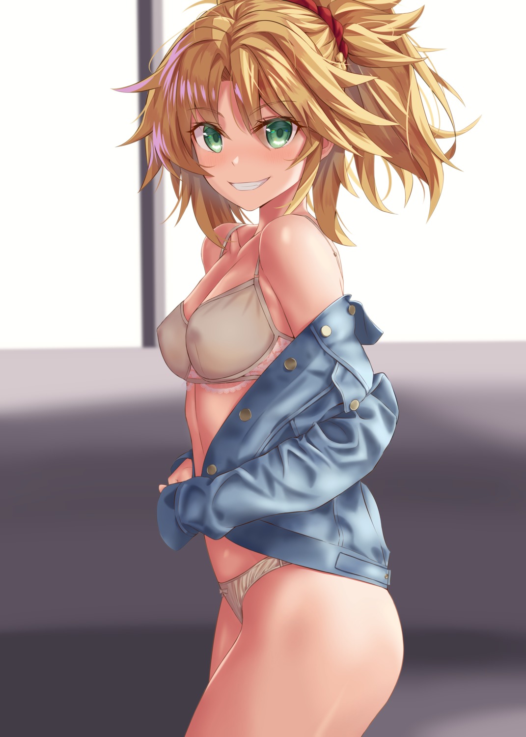 bra erect_nipples fate/grand_order hamstarhand mordred_(fate) open_shirt pantsu