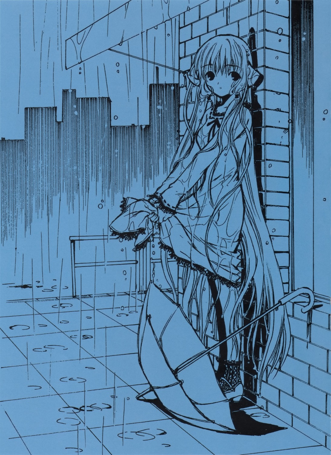 chii chobits clamp monochrome skirt_lift umbrella wet_clothes