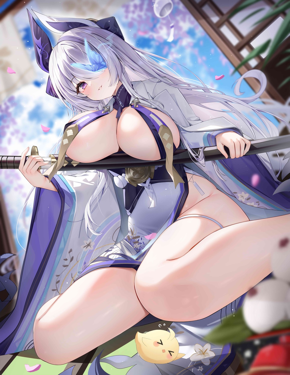 arlene_(ju) azur_lane breast_hold eyepatch garter japanese_clothes manjuu_(azur_lane) no_bra sword unzen_(azur_lane)