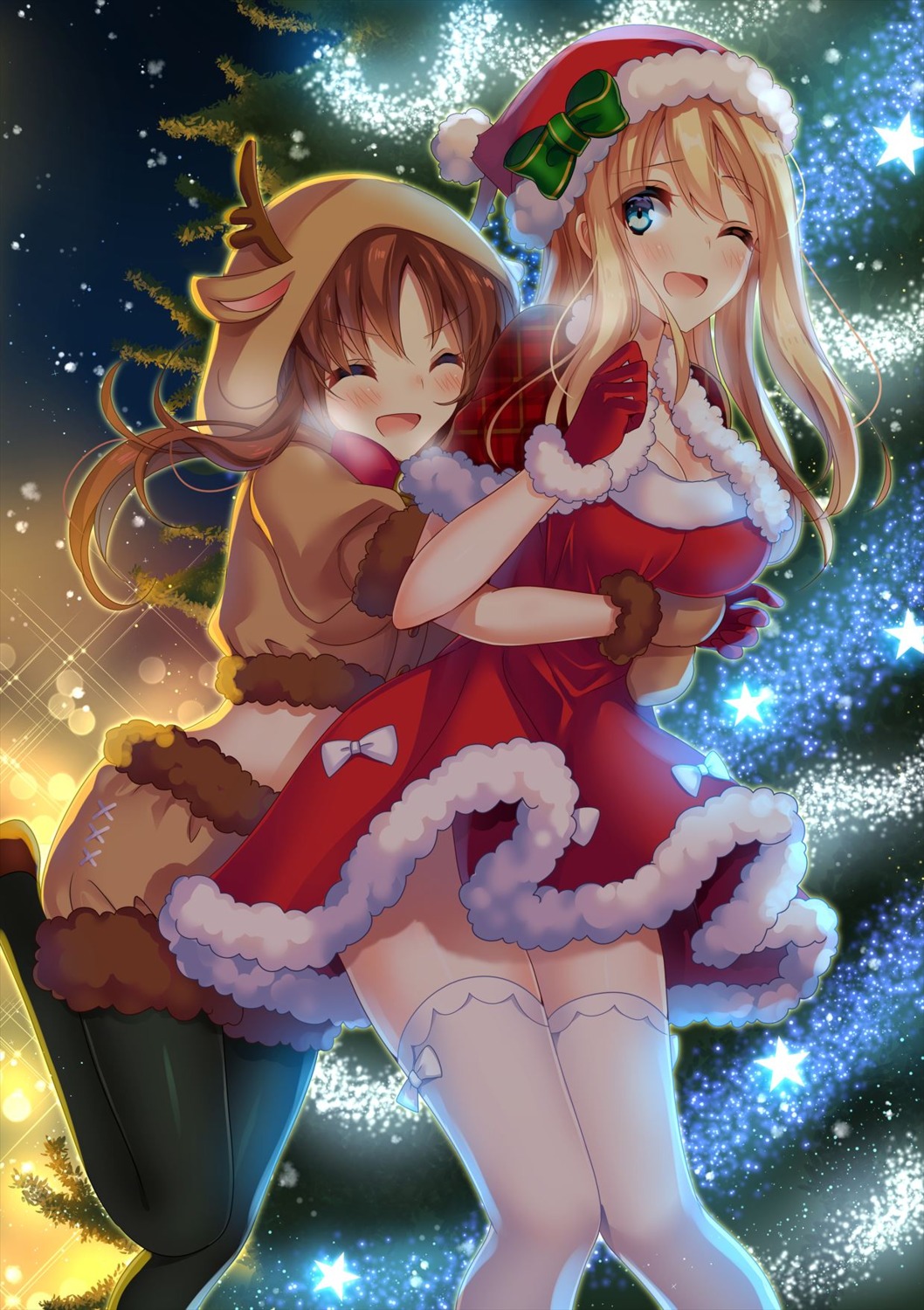 animal_ears breast_hold christmas cleavage hayakawa_(hayakawa_illust) horns pantyhose thighhighs