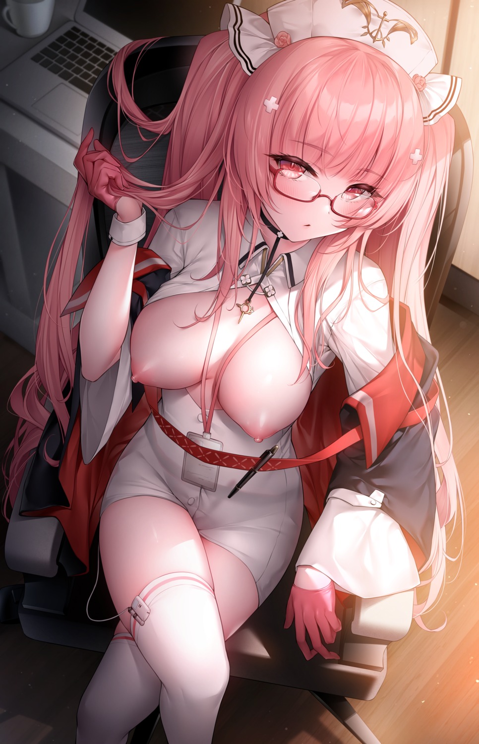 azur_lane breasts megane nipples no_bra nurse open_shirt oyuwari perseus_(azur_lane) thighhighs