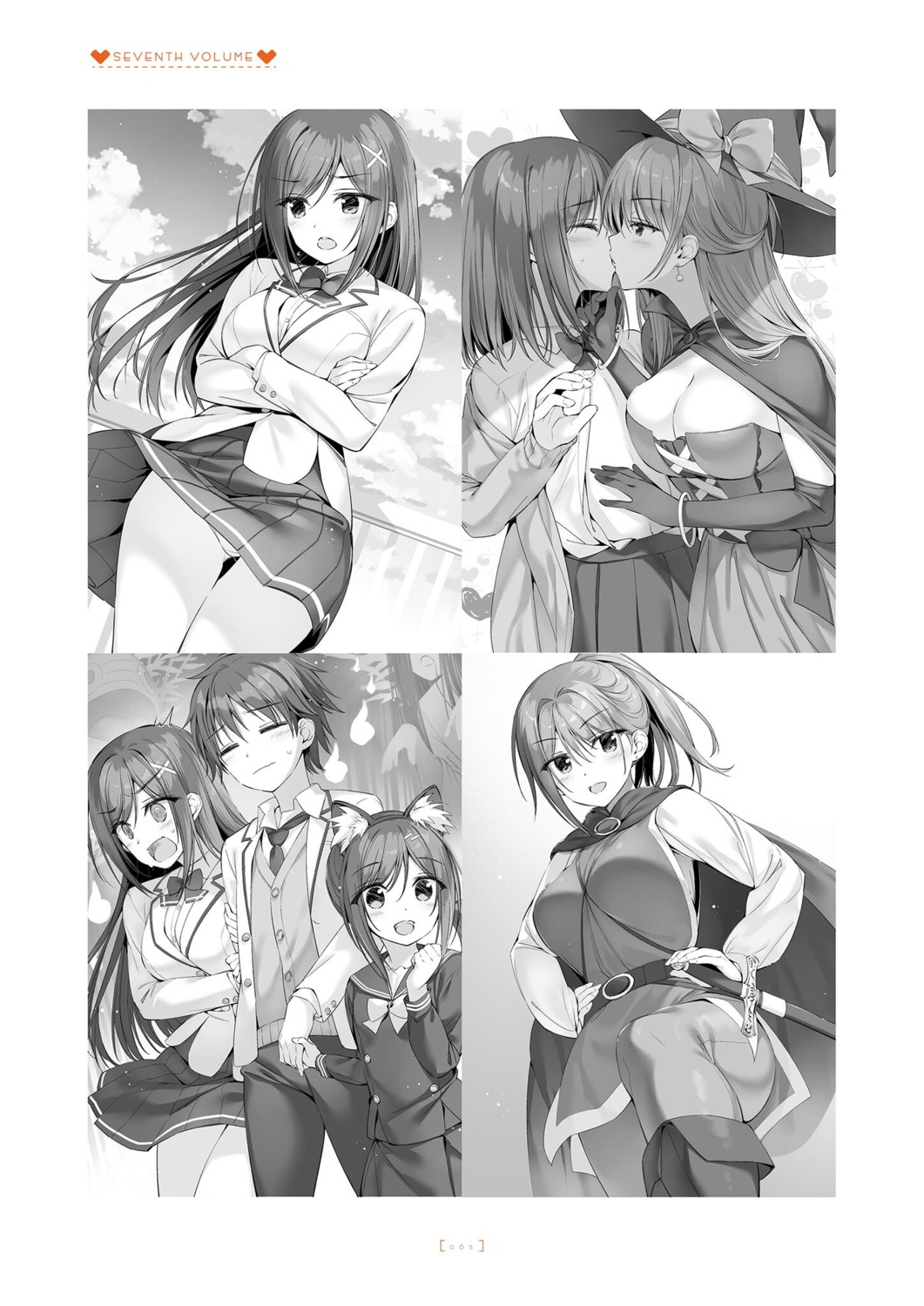 amanashi_nui animal_ears boku_no_kanojo_sensei fujiki_maka jinsho_karen monochrome nekomimi no_bra open_shirt oryou pantsu saigi_makoto seifuku shinju_muku skirt_lift sweater sword witch yuri