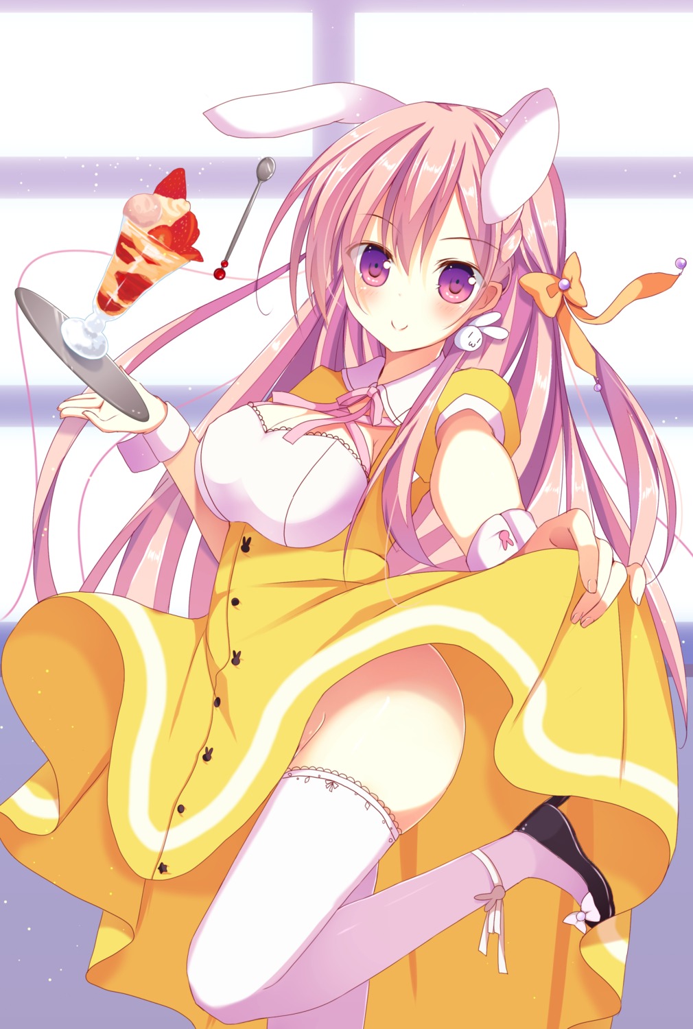 animal_ears bunny_ears dress humuyun nopan skirt_lift thighhighs waitress