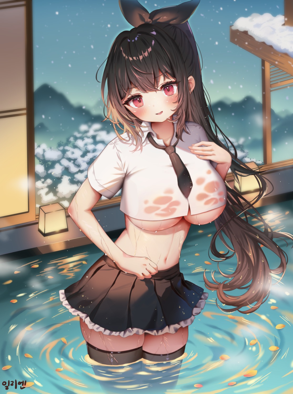 arme_(cgsy7484) li_rien no_bra onsen see_through seifuku thighhighs wet wet_clothes