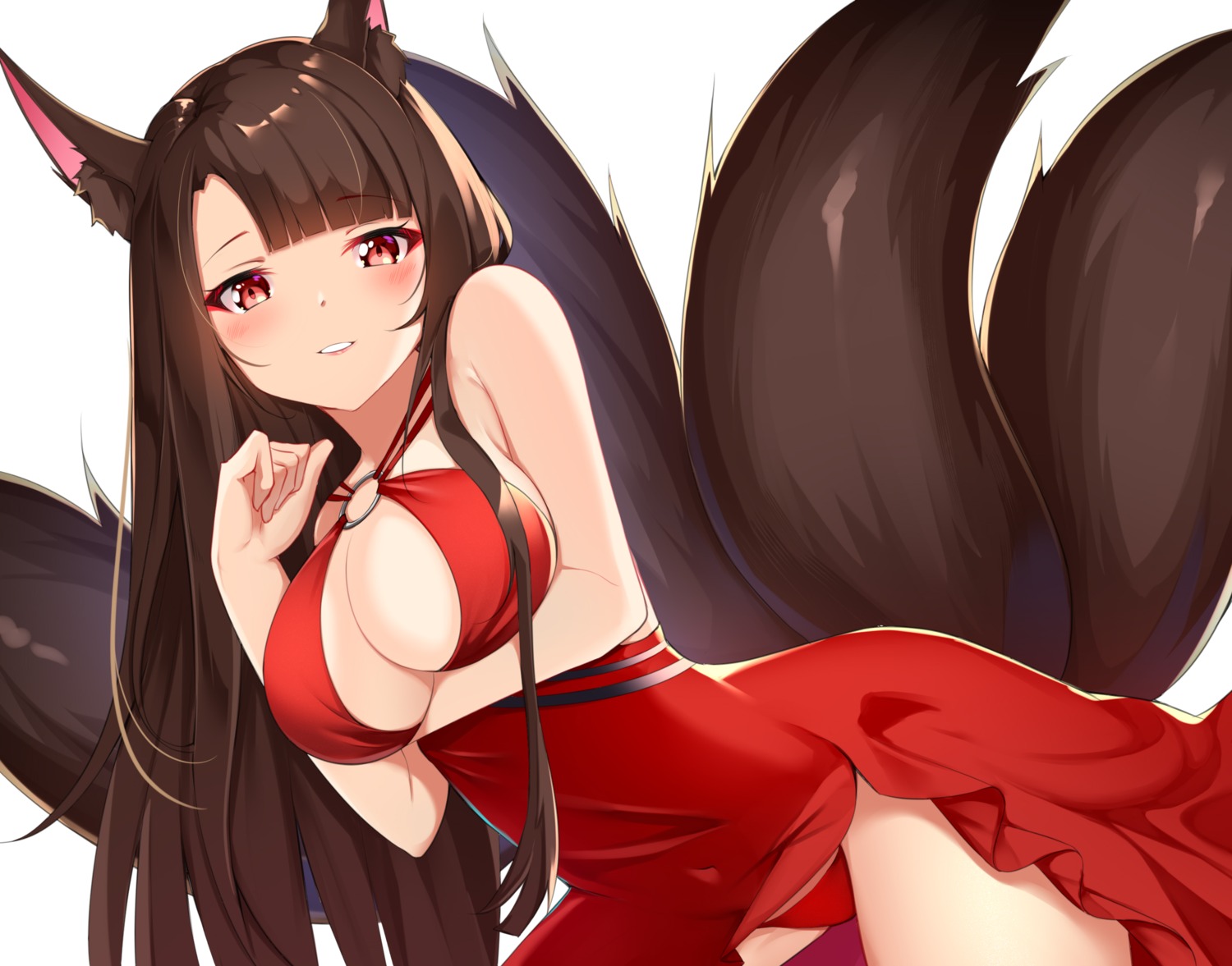 akagi_(azur_lane) animal_ears artist_revision azur_lane breast_hold cat_(yidsv) dress kitsune no_bra pantsu skirt_lift tail