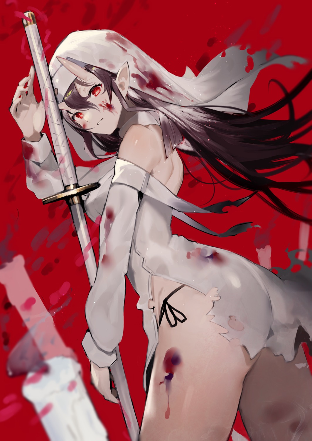 ass blood horns nun pantsu pointy_ears string_panties sword torn_clothes yakihokoudon