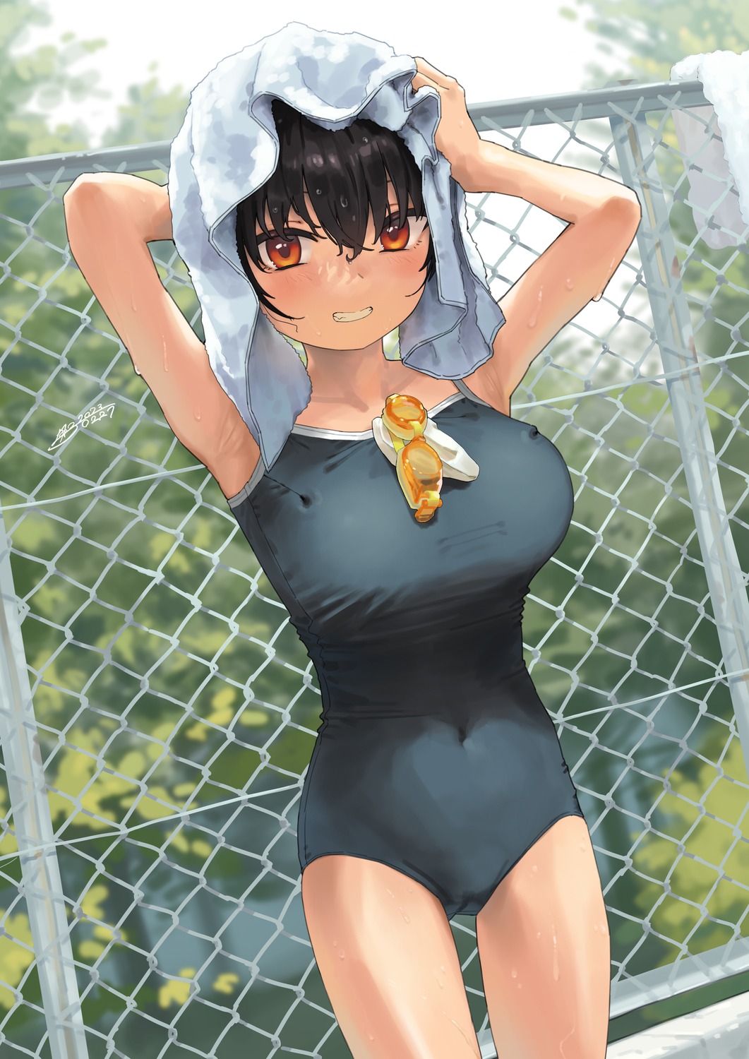 gaki_kyonyuu kaedeko_(kaedelic) sasaki_kanna school_swimsuit swimsuits towel wet