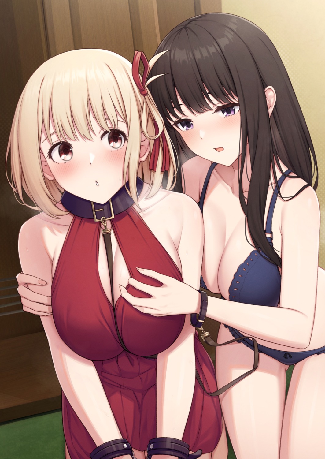 bondage bra dress fou_zi inoue_takina lycoris_recoil nishikigi_chisato no_bra pantsu undressing yuri